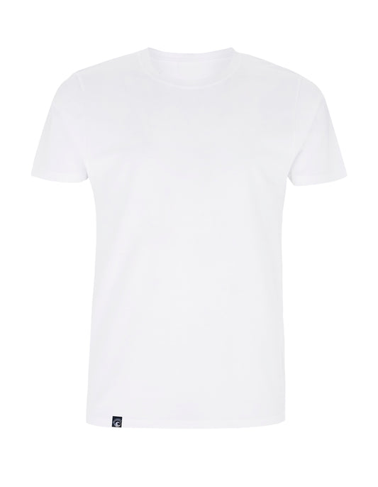 weißes T'Shirt mit Unendlichkite-Weblabel am rechten Saum