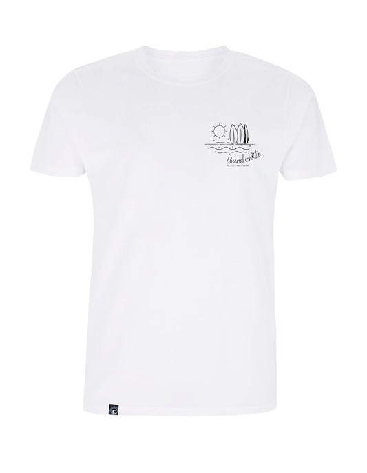 weißes T-Shirt mit Brustaufdruck Zeichnung Sonne und Boads