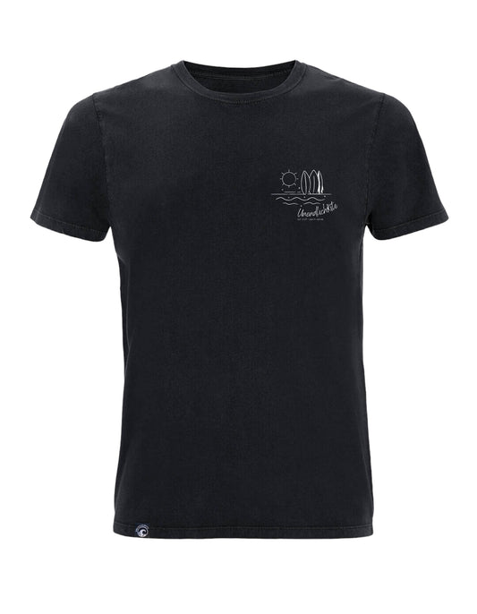 schwarzes T-Shirt mit Brustaufdruck Zeichnung Sonne und Boads