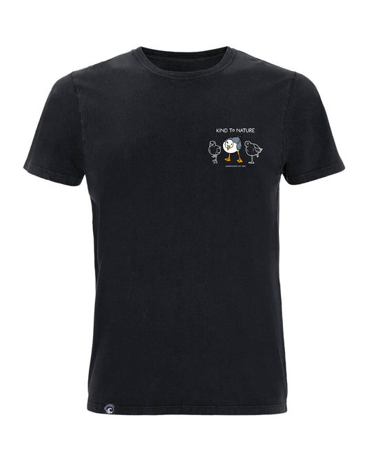 schwarzes T'Shirt mit Brust-Aufdruck mit drei Möven